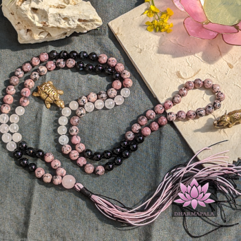 ~ Seelenschützer-Mala ~ (mit Rhodonit, Achat, Bergkristall & Rosenquarz-Guru)